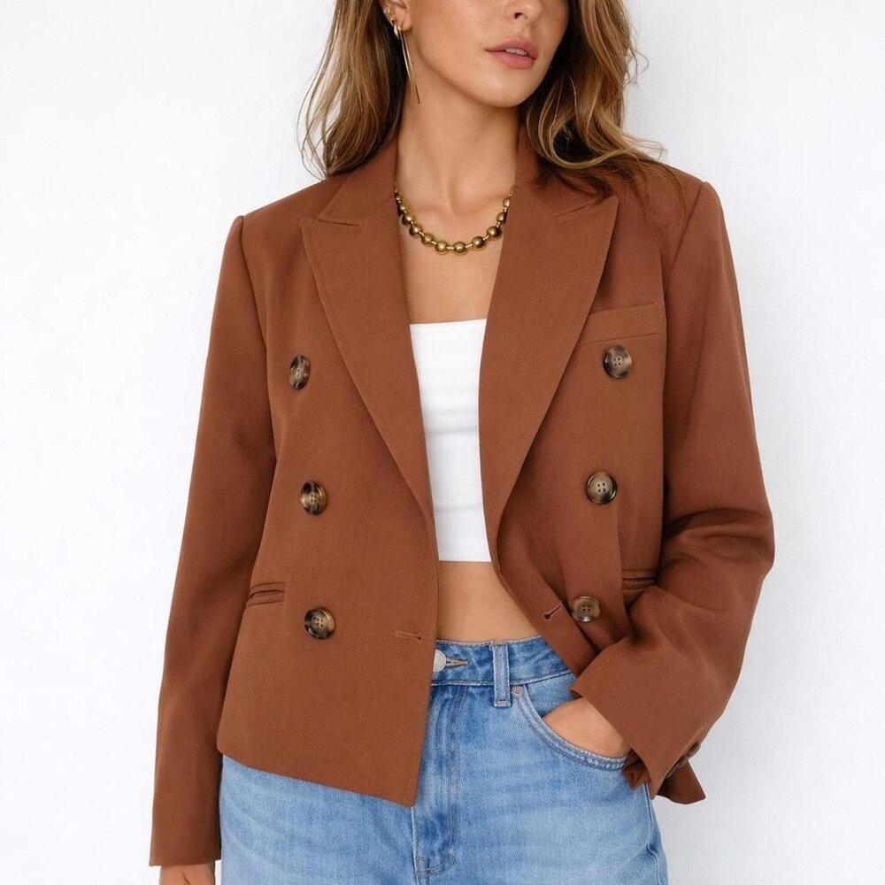 JOIE | Tan Camel Double-Breasted Blazer Classic Suit Jacket, S 